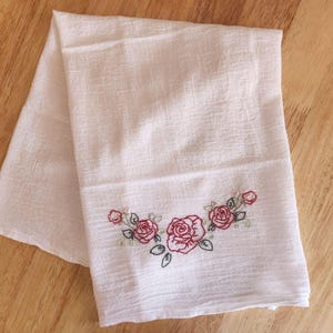 Hand Embroidered Red Rose Tea Towel: Cotton Flower Kitchen Decor