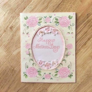 Handgemachte Muttertagskarte, elegante Rosen-Grußkarte, Karte für Mutter, schöne rosa Rosen-Design-Karte, erröten rosa Karte.