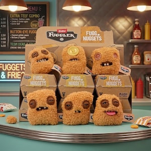 Könnte beinhalten: Sechs hellbraune, flauschige Fuggler Fugg Nugget Plüschtiere in Pappschachteln. Jedes Plüschtier hat ein einzigartiges Gesicht mit Knopfaugen, menschenähnlichen Zähnen und verschiedenen Ausdrücken. Das Zuru Fuggler Logo ist auf der Verpackung.