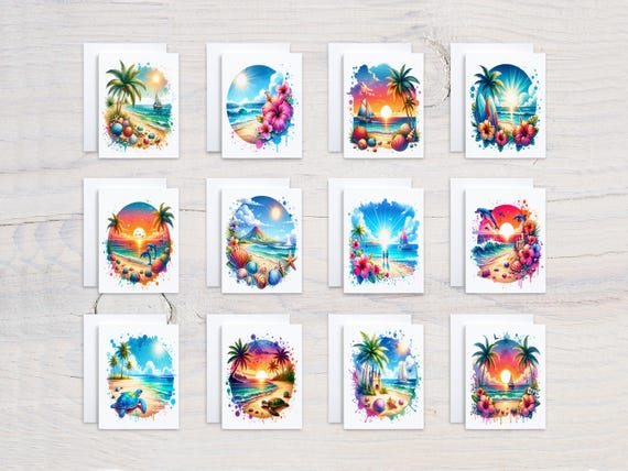 Cute Watercolor Beach Scene Notecards, Notecard Set, Card Assortment, Variety Pack, All Occasion Cards, Ocean Cards, Blank Notecard, CS146
