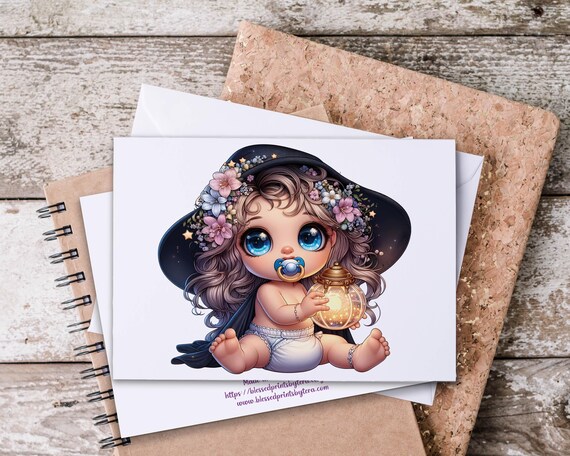 Cute Baby Witch Notecards Set, Halloween Notecard, Fall Greeting Card, Happy Halloween Card, Spooky Cards, Birthday Card, Stationery, HN33