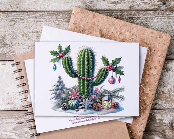 Cute Christmas Cactus Notecard Set, Blank Notecards, Holiday Stationary, Christmas Card Pack, Happy Holidays Card, Cowgirl Christmas