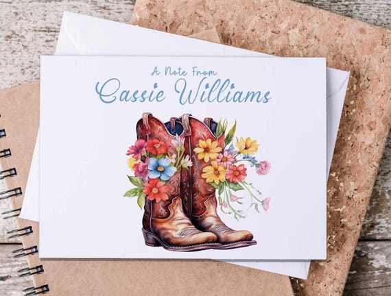 Personalized Cowgirl Boots Note Cards, Cowgirl Stationary, Custom Western Thank You, Cowgirl Birthday, Coastal Aesthetic, NC3