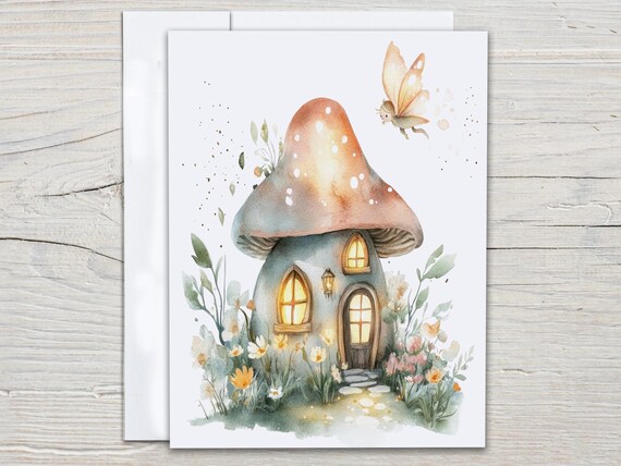 Cute Fairy House Card Set, Miss You Card, Snail Mail, Just Because Card, Blank Notecard Set, Watercolor Fairy, Everyday Card, Magical, EC60