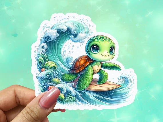 Cute Turtle Sticker, Hologram Effect, Surfing Turtle Vinyl, Ocean Laptop Sticker, , Unique Gift, Baby Turtle Sticker, VN5