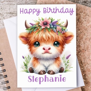 Highland Cow Bday Card, Personalized Birthday Card, A2 Cow Card, Daughter Birthday Card, Fun Bday Card for Her, BC7
