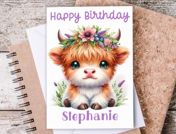 Highland Cow Bday Card, Personalized Birthday Card, A2 Cow Card, Daughter Birthday Card, Fun Bday Card for Her, BC7