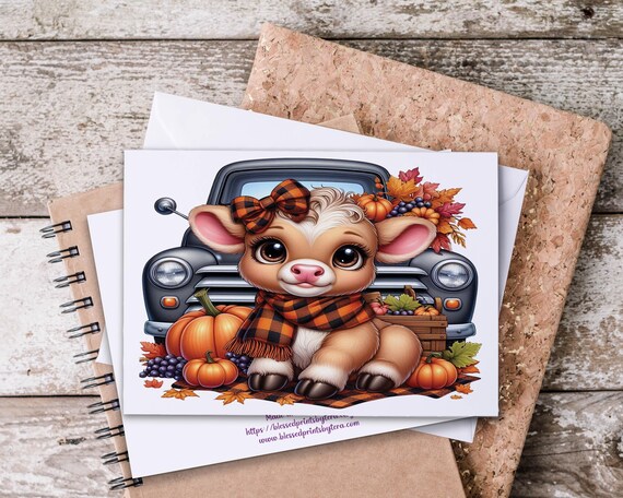 all Notecards Featuring Cute Cow, Fall Greeting Cards, Autumn Greeting Card, Watercolor Pumpkin, Blank Notecard, Kawaii Stationary, EC420