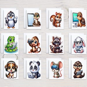 May include: A collection of twelve greeting cards featuring cartoon animals. Each card showcases a different animal, such as a penguin, snake, squirrel, turtle, frog, monkey, raccoon, rabbit, dog, panda, mouse, and otter, each interacting with technology.