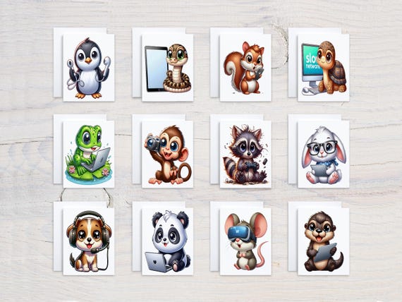 Tech Animals Notecard Set, Assorted Cards, Card Assortment, All Occasion Cards, Cute Stationary Set, Snail Mail, Birthday Card Pack, CS334