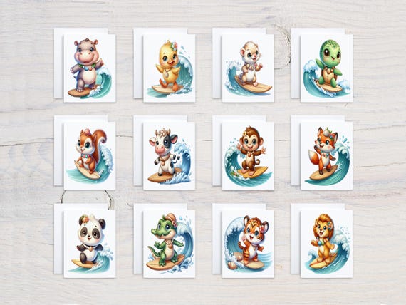 Surfing Animal Notecards Set, Assorted Cards, All Occasion Cards, Cute Stationary, Kawaii Stationary, Bulk Cards, Variety Pack, Blank, CS280
