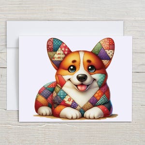 May include: A greeting card featuring a colorful illustration of a Corgi dog with a patchwork quilt pattern on its fur. The dog has large dark eyes, a white chest, and a smiling expression with its tongue visible. The card is white and rectangular.