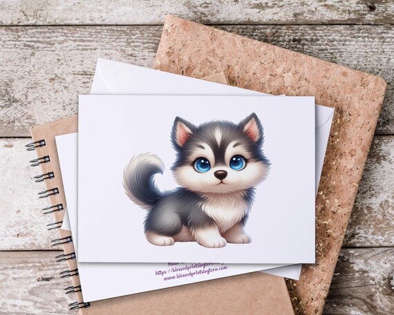 Kawaii Winter Wolf Notecard Set, Watercolor Wolf Cards, Everyday Card, Blank Notecard, Cute Wolf, Just Because Card, Cute Stationery
