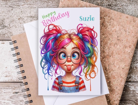 Personalized Quirky Girl Birthday Card, Funny Bday Card, Watercolor Bday Card, Bday Card for Her, Fun Bday Card, Bday Card for Friend, BC45