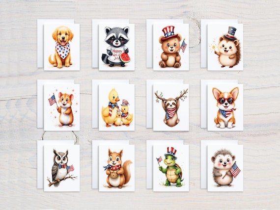 Fourth of July Animal Notecards, Card Assortment, Variety Pack, Custom Stationary, All Occasion Cards, Notecard Set, Everyday Card, CS321