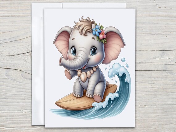 Cute Surfing Elephant Notecard Set, Blank Notecards, Cute Stationary, Everyday Card, Elephant Cards, Kawaii Stationary, Birthday, EC346