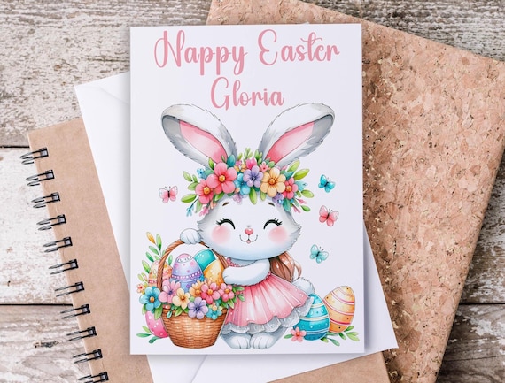 Cute Easter Card, Personalized Happy Easter Cards, Bunny Easter Greetings, Easter Celebration, Granddaughter Card, Kids Easter Card, GC37