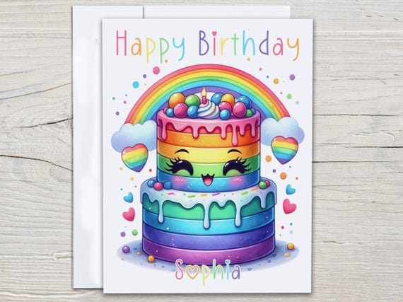 Personalized Rainbow Cake Birthday Card, Cute Bday Card, Watercolor Bday Card, Birthday Wish Card, Celebrate Cards, Rainbow Cake, BC264