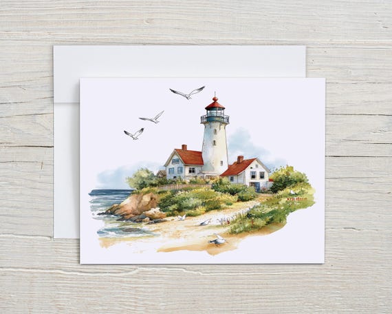 Custom Lighthouse Notecards, Nautical Note Cards, Beach Scene Notecard Set, Ocean Cards, Blank Notecards, Lighthouse Gifts, Nautical, EC406
