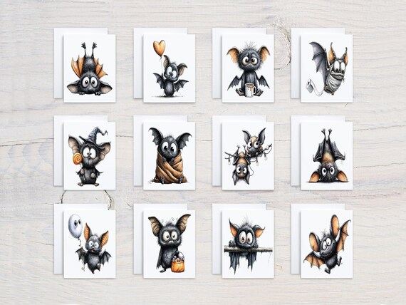 Cute Bats Card Assortment, Halloween Notecards, Blank Notecards, Snail Mail, Bat Stationery, Bat Greeting Card, Wildlife Card, CS380