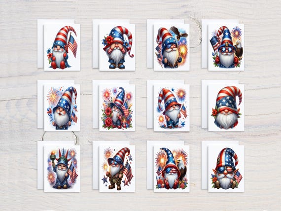 Patriotic Notecards Set, Watercolor Gnome Notecard, Memorial Day Cards, Fourth of July Cards, Blank Notecard, Gnome Stationery, CS292