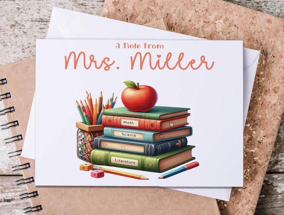 Personalized Note Cards With Book Stack, Teacher Stationary, Custom Notecards, Teacher Notes, Educator Gift, New Teacher Gift, NC6
