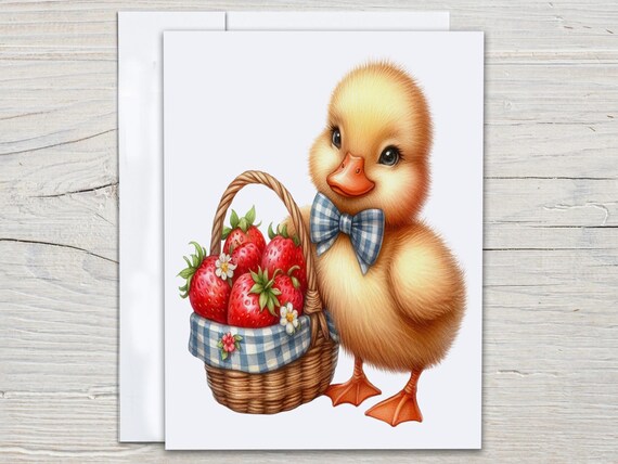 Duck & Strawberry Notecards Set, Everyday Cards, Blank Notecards, Ducklings Stationary, Just Because Card, Cute Kawaii Stationery, EC374