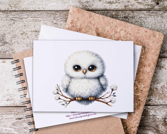 Kawaii Owl Notecard Set, Snowy Owl, Blank Notecard, Winter Greeting Card, Christmas Note Cards, Holiday Thank You, Christmas Stationary
