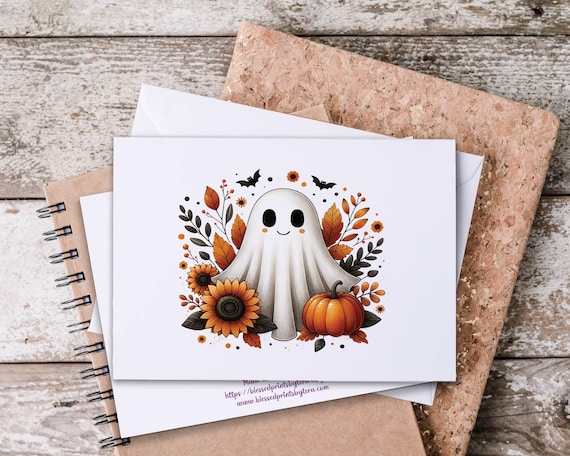 Kawaii Ghost Notecard Set: Watercolor Halloween Greeting Cards