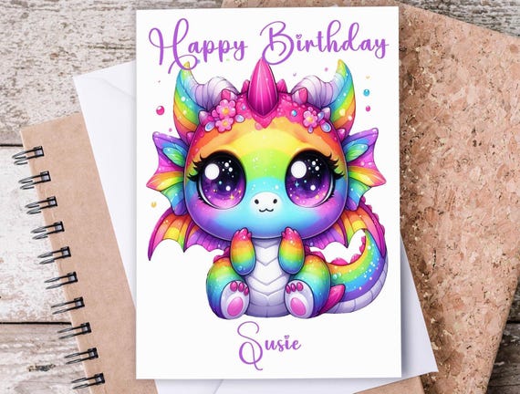 Happy Birthday Card With Dragon, Greeting Card, Personalized A2 Sized, Dragon Birthday Card, Includes Envelopes, BC1