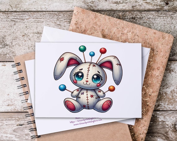 Cute Bunny Voodoo Doll Notecard Set, Everyday Notecards, All Occasion Cards, Snail Mail, Blank Notecards, A2 Sized, Halloween Card, HN45