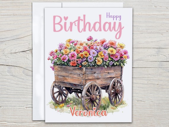 Personalized Watercolor Wheelbarrow Birthday Card, Watercolor Bouquet, Handmade Bday Card, Cute Bday Card, Bday Card for Her, Sister, BC256