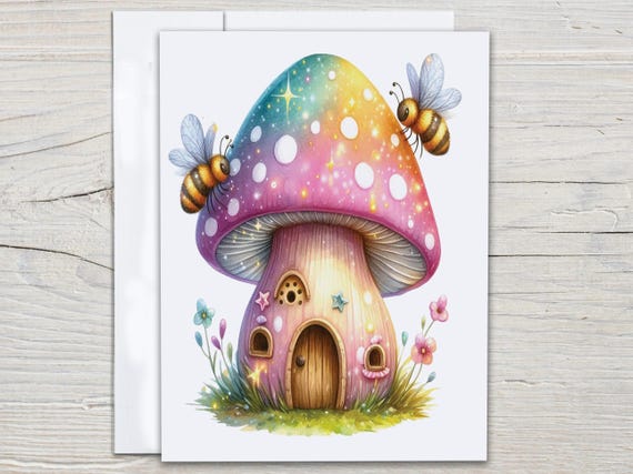 Cute Mushroom House Notecard Set, Blank Notecards, Bee Stationery, Thank You Card Pack, Snail Mail, Just Because Card, Everyday Cards, EC206