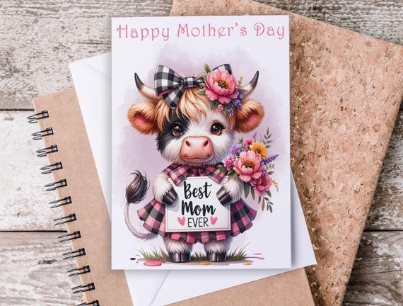 Mother’s Day Card with Highland Cow, Cute Cow Card, Sony's Day Greeting, Cow Birthday Card, Mom Appreciation,  Baby Highland Cow, MD11