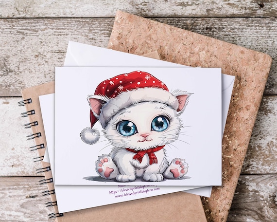 Cute Kitty in Santa Hat Notecard Set, Christmas Stationery, Holiday Thank You, Winter Greeting Card, Meowy Christmas, Blank Notecards
