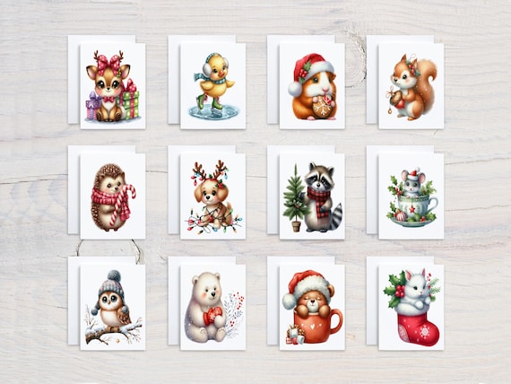 Cute Christmas Animal Notecards, Holiday Thank You, Winter Greeting Card, Holiday Notecards, Christmas Stationary, Card Assortment, CS382