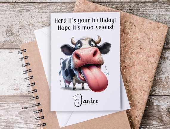 Personalized Funny Cow Birthday Card, Pun Birthday Card, Cow Lover Gift, Cow Birthday, Happy Birthday Card Men, Niece Birthday Card, BC24