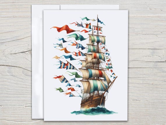 Watercolor Tall Ship Notecard Set, Nautical Stationery, Blank Notecard, Cute Stationary Set, Miss You Card, Just Because, Sailing Ship,EC244