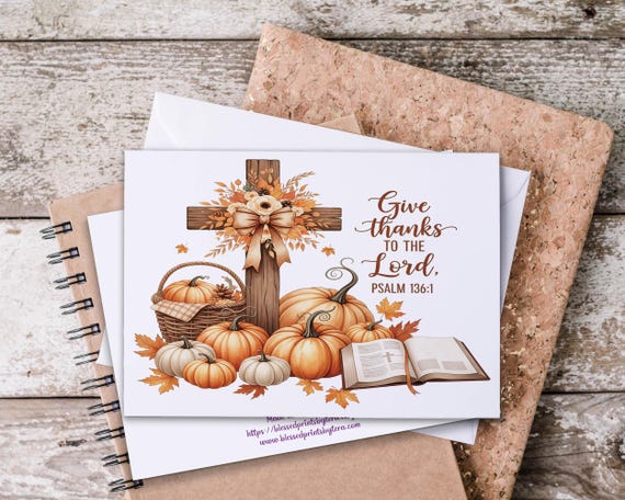 Watercolor Cross & Pumpkin Notecards, Christian Stationery, Give Thanks to the Lord, Autumn Greeting Card, Fall Notecards, Psalm 136, EC419