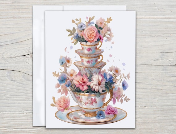 Watercolor Pink Flowers Teacup Notecard Set, Thank You Cards, Blank Notecards, Greeting Card Pack, Stationary Cards, Birthday Card Pack,EC47