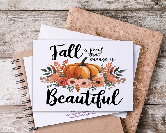 Fall Notecards Set, Autumn Greeting Card, Watercolor Pumpkin, Change is Beautiful, Fall Stationary, Blank Notecard, Greeting Card, EC416