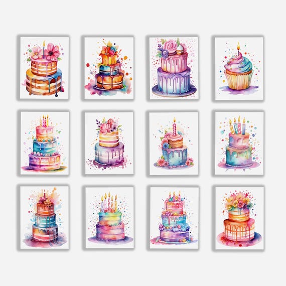 Watercolor Cake Birthday Card Pack, Assorted Cards, Greeting Card Pack, Blank Notecards, Notecard Set, Bday Card, Cake Cards, CS7