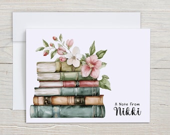 Personalized Book Stack Notecards, Floral Bookish Stationery Set, Blank Notecards With Envelopes