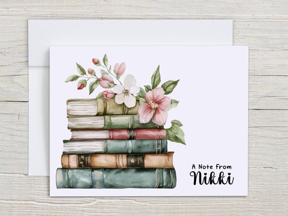Personalized Book Stack Notecards, Custom Stationary, Cute Notecard Set, Blank Notecard, Bibliophile Gift, Everyday Card, Just Because, PN10