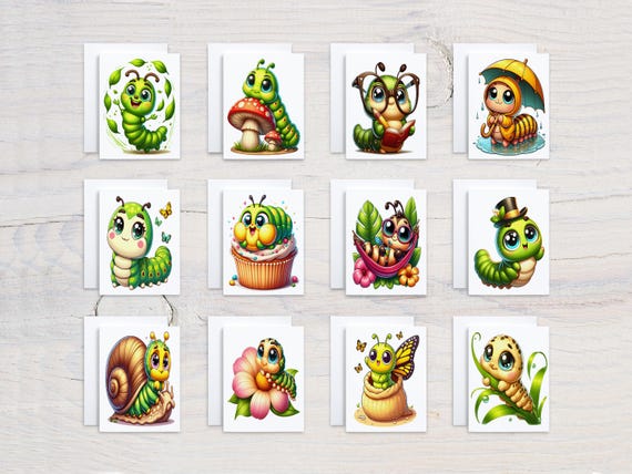 Kawaii Caterpillar Notecard Set, Card Assortment Variety Pack, All Occasion Cards, Birthday Card Pack, Just Because Cards, Thank You, CS304