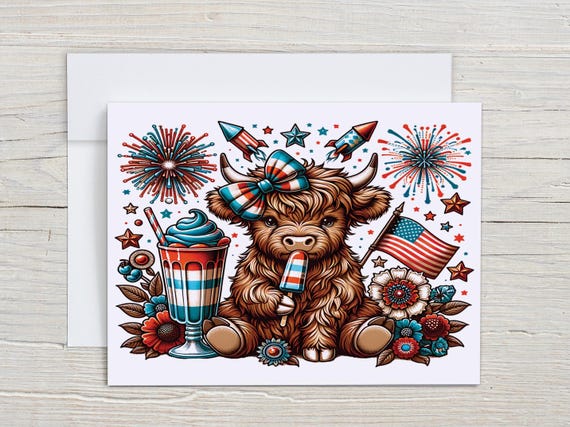 Watercolor Patriotic Cow Notecard Set, All Occasion Cards, Memorial Day Cards, 4th of July Cow Cards, Blank Notecard, Everyday Card, EC377