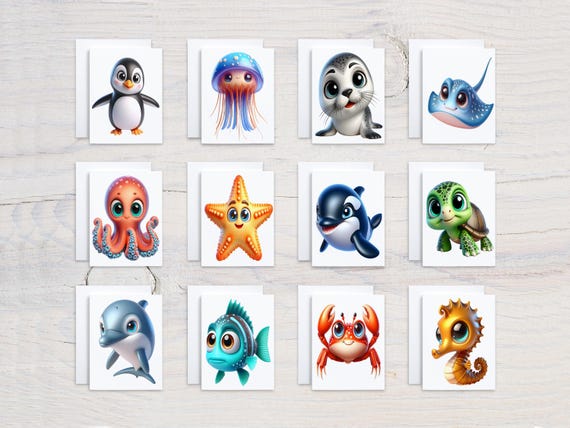 Sea Life Card Assortment, Cute Stationery Variety Pack, Thank You Card, Everyday Cards, Miss You Notecard Set, Turtle, Otter, Jellyfish,CS88