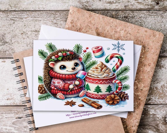 Cute Hedgehog Winter Notecard Set, Christmas Notecards, Blank Holiday Card, Snail Mail Thank You, Christmas Stationary, Everyday, WN2