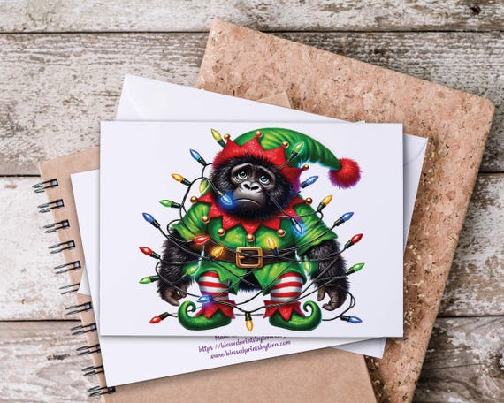 Cute Christmas Gorilla Notecard Set, Gorilla Lover Card Assortment, Funny Gorilla Stationery, Holiday Thank You, Note Cards Pack