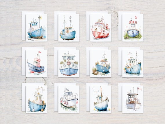 Fishing Boat Notecard Set, Watercolor Boat, Assorted Cards, Card Assortment, All Occasion Cards, Just Because Cards, Birthday, Bday, CS224